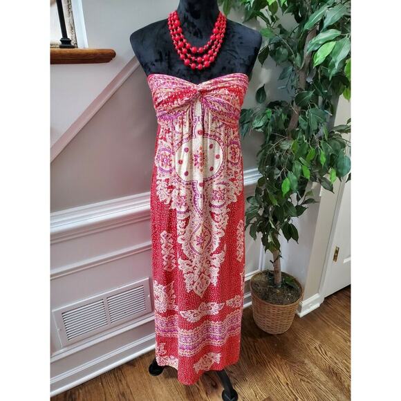 Angle Women's Red Floral 100% Rayon Off The Shoulder Long Maxi Dress Size M - Picture 10 of 12